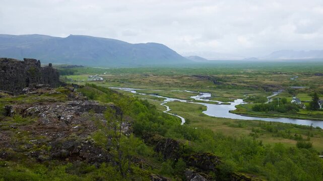 Iceland. Thingvellir National park, a rift valley where the North American and Eurasian tectonic plates meet. Time-lapse of nature and people