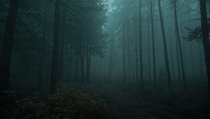 Obraz premium Fog Covers Trees in a Forest During Early Morning Hours in a Quiet Setting With Soft Light