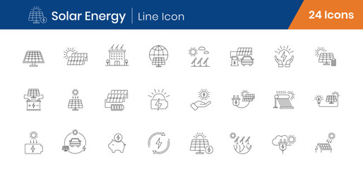 Solar Energy Icons Set of 24. Renewable Power, Solar Panel, Sun, Sustainability Outline Icons. Linear Vector Editable Stroke Icons