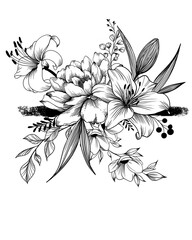 Hand drawn flowers , line-art on white background. idea for a beautiful flower tattoo. flower bouquet and geometry