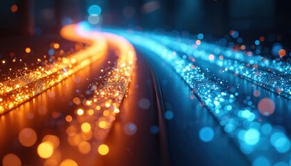 Blue and orange light trails flow through abstract darkness. Glowing particles simulate fiber optics data transfer. Modern tech concept with vibrant energy and speed.