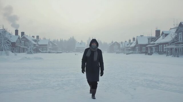 Starting walk, middle-aged man walking toward camera on snowy main street, wearing parka and scarf