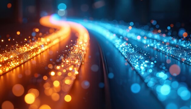 Blue and orange light trails flow through abstract darkness. Glowing particles simulate fiber optics data transfer. Modern tech concept with vibrant energy and speed.