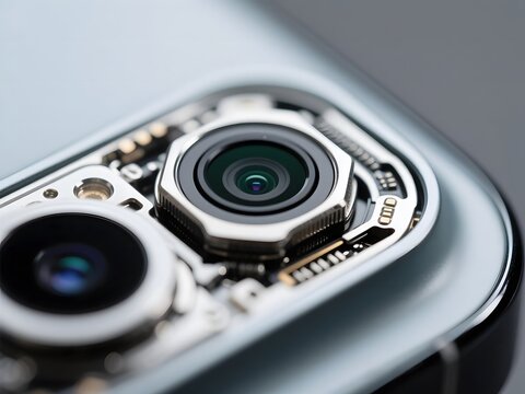 Macro perspective of a sophisticated mobile phone camera module, showcasing intricate internal components and precision engineering within modern communication technology