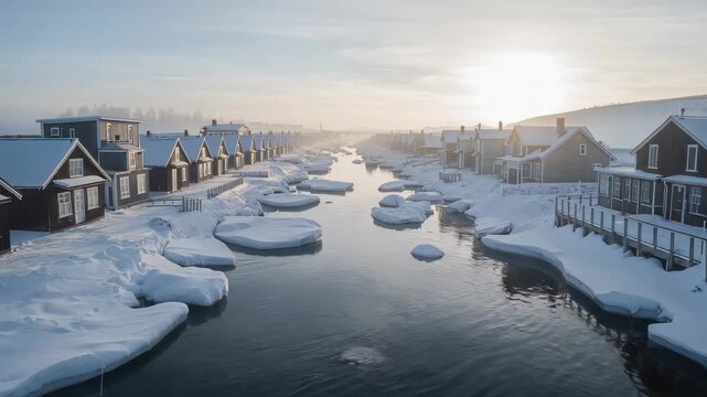 Gliding camera being pushed forward revealing snowy canal to show moving ice floes and boathouses