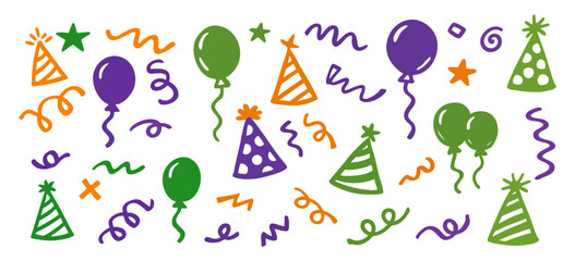 Hand-drawn party doodle set featuring colorful balloons, festive hats, streamers, and stars isolated on a white background for celebration designs.