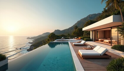 Fototapeta premium Modern luxury villa with infinity pool overlooks ocean. Sunny day, clear sky, rich green mountains surround exclusive resort. Serene vacation spot for relaxation and travel.