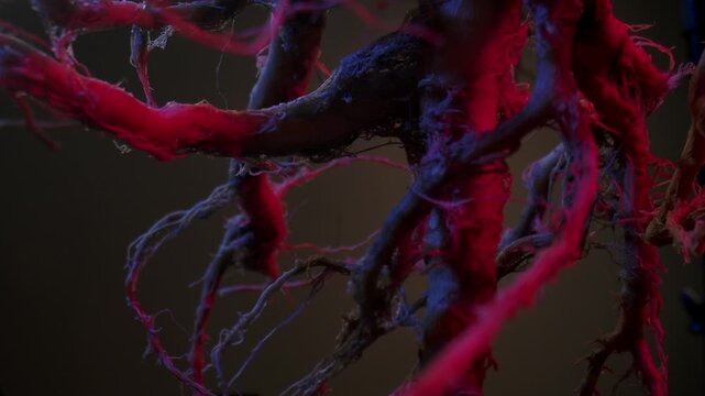 A macro shot of intricate plant roots illuminated by red and blue light, with a beam of light sliding across them, creating a surreal effect.