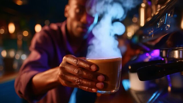A skilled barista skillfully prepares a steaming cup of coffee, showcasing the art of brewing with a blend of aromatic flavors and captivating visual appeal.