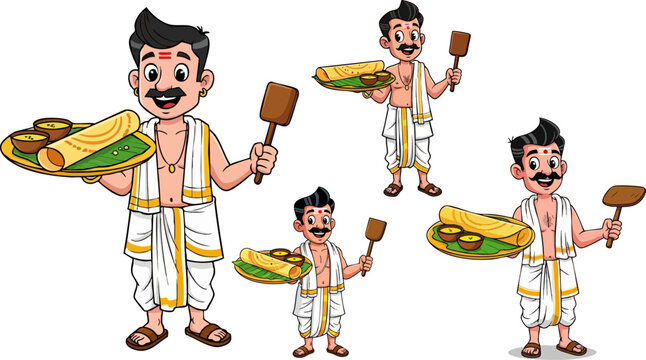 Cartoon South Indian chef presenting traditional crispy dosa meal on a banana leaf with various poses