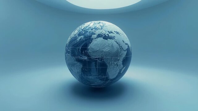 Opening shot rotating textured globe hovering in pale chamber for display Africa South America grid