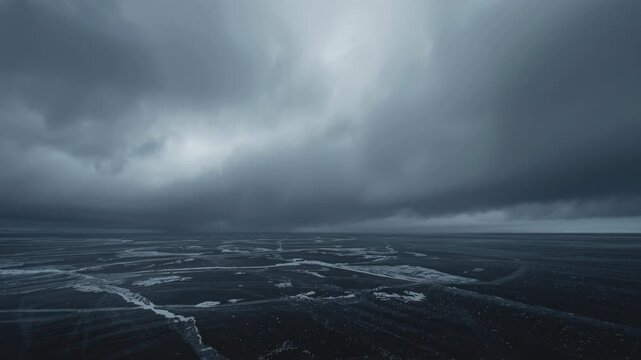 Brightening landscape sky creating narrow light shaft over tidal flat, revealing storm cloud bank
