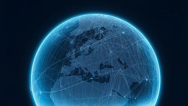 Brightening western node sending glowing arcs across stylized globe over dark space, showing data