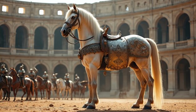 Majestic white horse in ornate armor stands in Roman coliseum. Knights on horseback gather in arena for ancient ceremony or combat. Symbol of power nobility and strength.