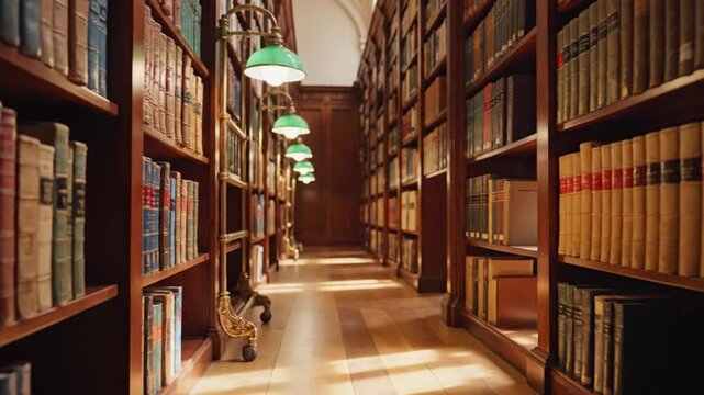 Smooth slider shot moving through an empty library aisle, tall bookshelves on both sides, soft ambient lighting, quiet academic atmosphere, cinematic depth of field.