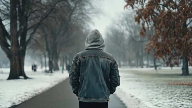 Cold man walks through snowy park on winter day wearing a hoodie and jacket
