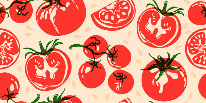 Tomato pattern. Seamless food print of whole red tomatoes, abstract cartoon of healthy organic vegetables, modern background for wrapping, wallpaper, fabric. Vector illustration