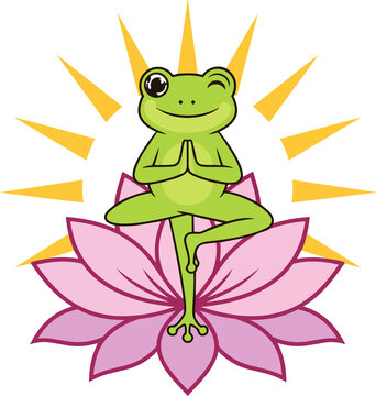 green frog with a flower doing yoga