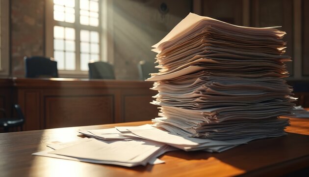 Lawyer desk piled high with case files. Courtroom background with sunbeams through window. Overwhelmed legal system concept. Justice and litigation work.