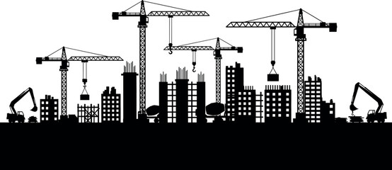 Urban city building construction skyline silhouette with tower cranes heavy machinery and excavators for architecture and engineering vector. © Lunavera art