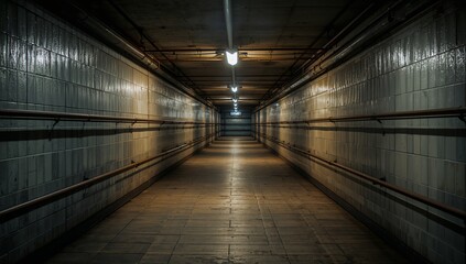 Fototapeta premium Long Hallway With Bright Lights Leading to Unknown End in a Building