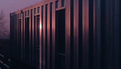 Obraz premium Sunset Light Reflects on a Metallic Building Located in an Urban Area During Twilight Hours