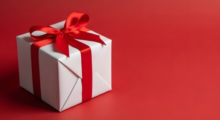 Obraz premium Gift box with red ribbon on red background elegant present