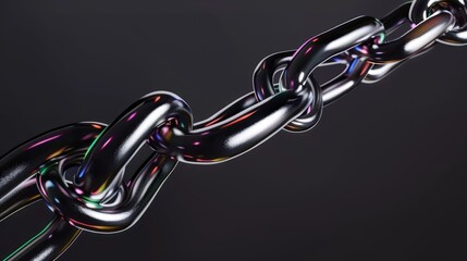 Close-up of Glossy Metal Chain with Reflective Multicolor Surface on Dark Background