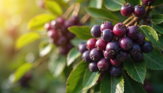 Close up of vibrant purple acai berries growing on a tree branch in sunlight. The superfood fruit is rich in antioxidants and vitamins, perfect for healthy eating and wellness content.