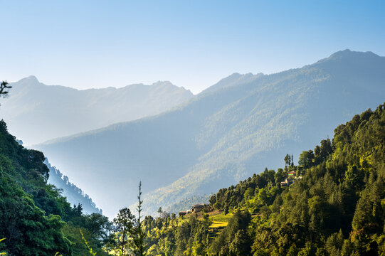 Mountain landscape in summer. Morning Sunlight over Terraced Fields and Kamtan Village, Sainj Valley, Himachal Pradesh

