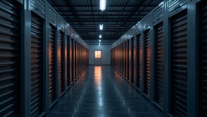Fototapeta premium Rows of Lockers in a Dark Storage Facility at Dusk Under Fluorescent Lights