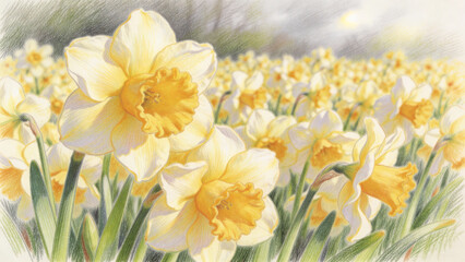 Fototapeta premium Colored pencil illustration of many blooming daffodils filling the frame in spring