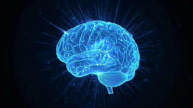 Pulsing glowing blue 3D brain model increasing sparks and rays in virtual void, showing activation