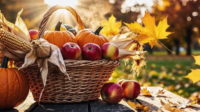 Autumn Bounty: A rustic basket overflows with the vibrant produce of the season, evoking warmth and the spirit of Thanksgiving, set against a backdrop of golden foliage and the warm sun's glow.