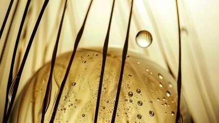 Close-up of Golden Champagne Bubbles with Thin Dark Lines and Reflective Surface