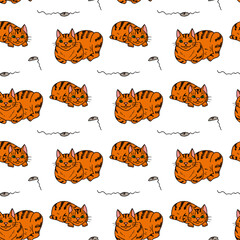 Seamless pattern with positive orange cats and toy mice on white background.eps
