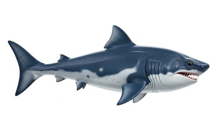 Obraz premium A powerful blue-gray great white shark, rendered in realistic 3d detail, is shown cruising in a full-body side profile, isolated dramatically on a clean white background.