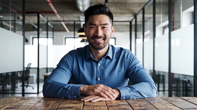 Confident Asian Business Professional: A composed Asian man sits at a wooden table in a modern office, radiating professionalism and expertise, exuding a sense of focus, intelligence.