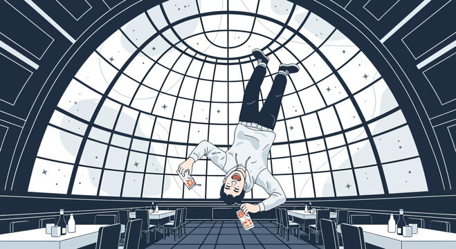 Whimsical inversion, laughing man falling amidst grand interior architecture and dining setting
