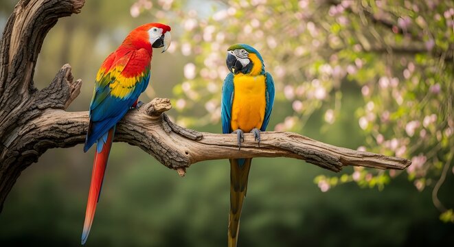 Two vibrant macaws perch on a sturdy branch in a natural setting.