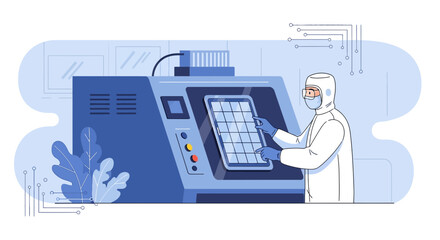 Naklejka premium Worker in clean suit operates advanced technology machinery in a sterile laboratory environment