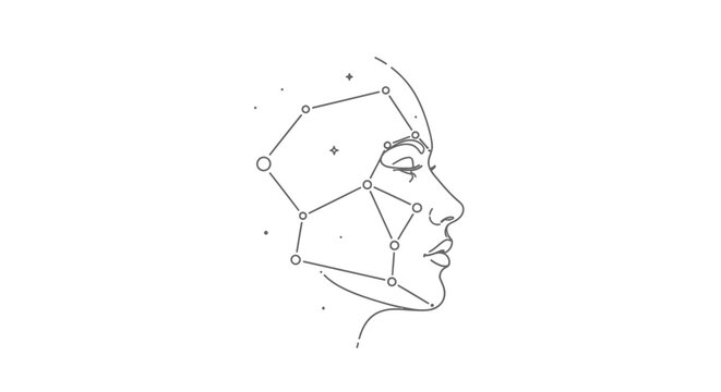 Ethereal cosmic portrait of a woman's profile, depicting a celestial constellation map and starlight