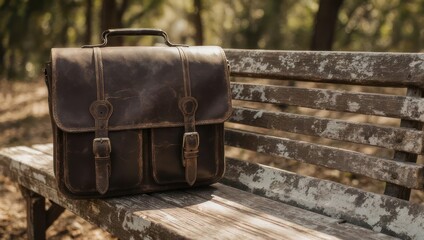 Vintage Leather Briefcase Resting on a Weathered Wooden Park Bench Outdoors.
