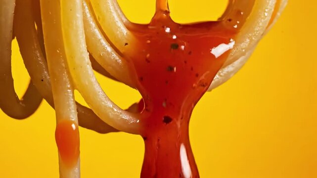A close-up of spaghetti with tangy tomato sauce on a vibrant yellow background.