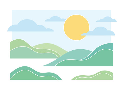 Minimalist flat design illustration of a serene landscape with rolling green hills, a bright yellow sun, and soft blue clouds under a clear sky.