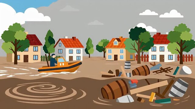 Residential houses submerged in muddy floodwater under grey sky