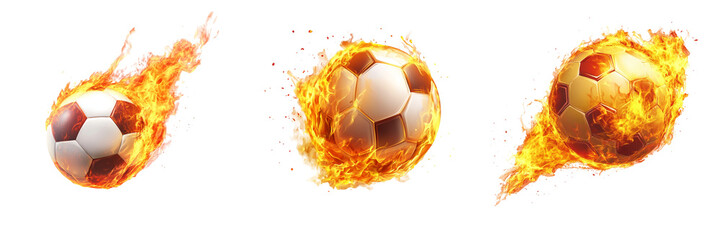 Naklejka premium Set of Soccer balls on fire on transparent background