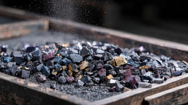 Colorful metal slag fragments with golden pieces cooling in a tray.