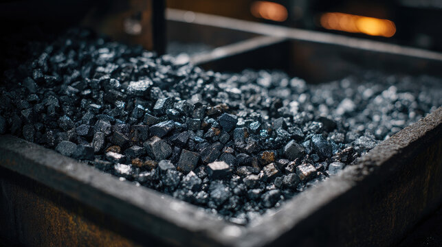 Dark industrial metal slag fragments cooling in a metal tray.