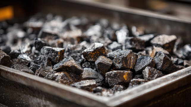 Close-up of rare earth slag fragments cooling in a metal tray.